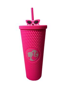 Barbie Pink Studded Tumbler With Lid Straw & Sunglasses Accent 24 Oz Capacity